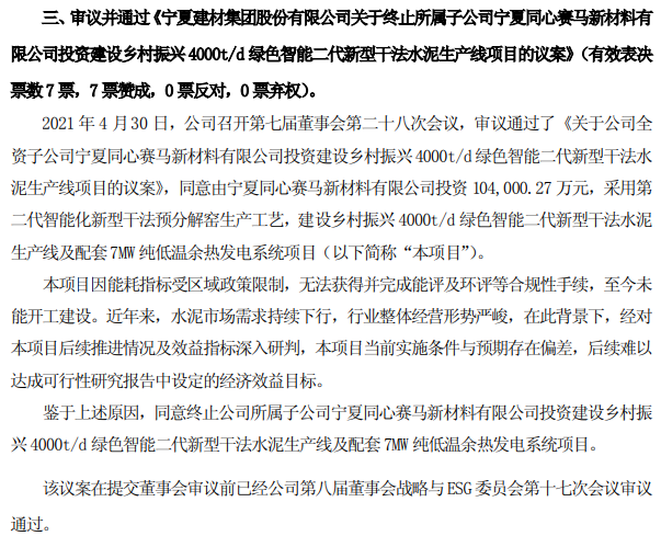 7.1亿合同4年仅履行121万，宁夏建材子公司终止水泥生产线项目引关注